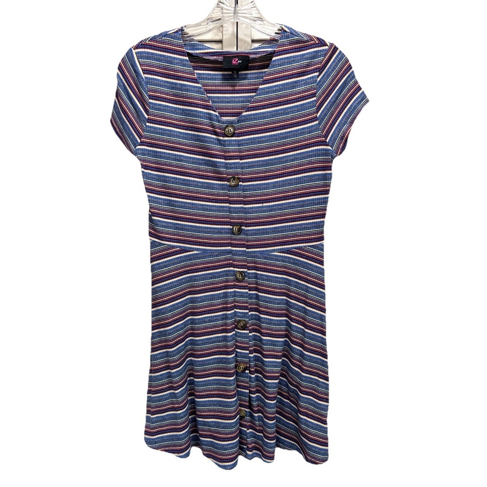 IZ Byer Girl Blue/Multi Striped Dress Junior XL Short Sleeve V Neck Faux Buttons